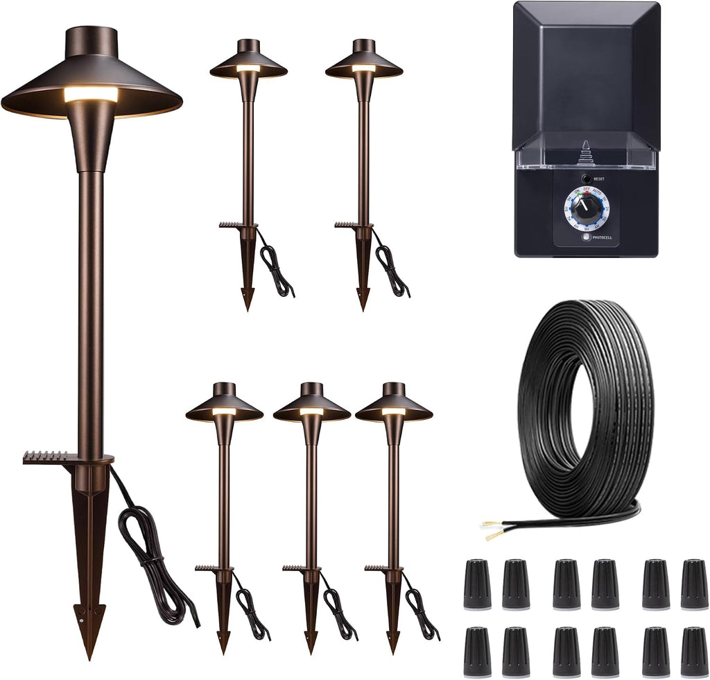 Low Voltage Pathway Lights Kit, 6 Pack 3CCT LED Landscape Path Lights and 100W Transformer and 100FT Cable and 30 Wire Connectors, Outdoor Waterproof IP65, Aluminum for Sidewalk Step