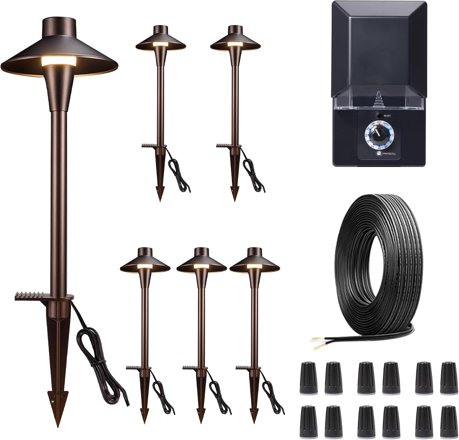 Low Voltage Pathway Lights Kit, 6 Pack 3CCT LED Landscape Path Lights and 100W Transformer and 100FT Cable and 30 Wire Connectors, Outdoor Waterproof IP65, Aluminum for Sidewalk Step