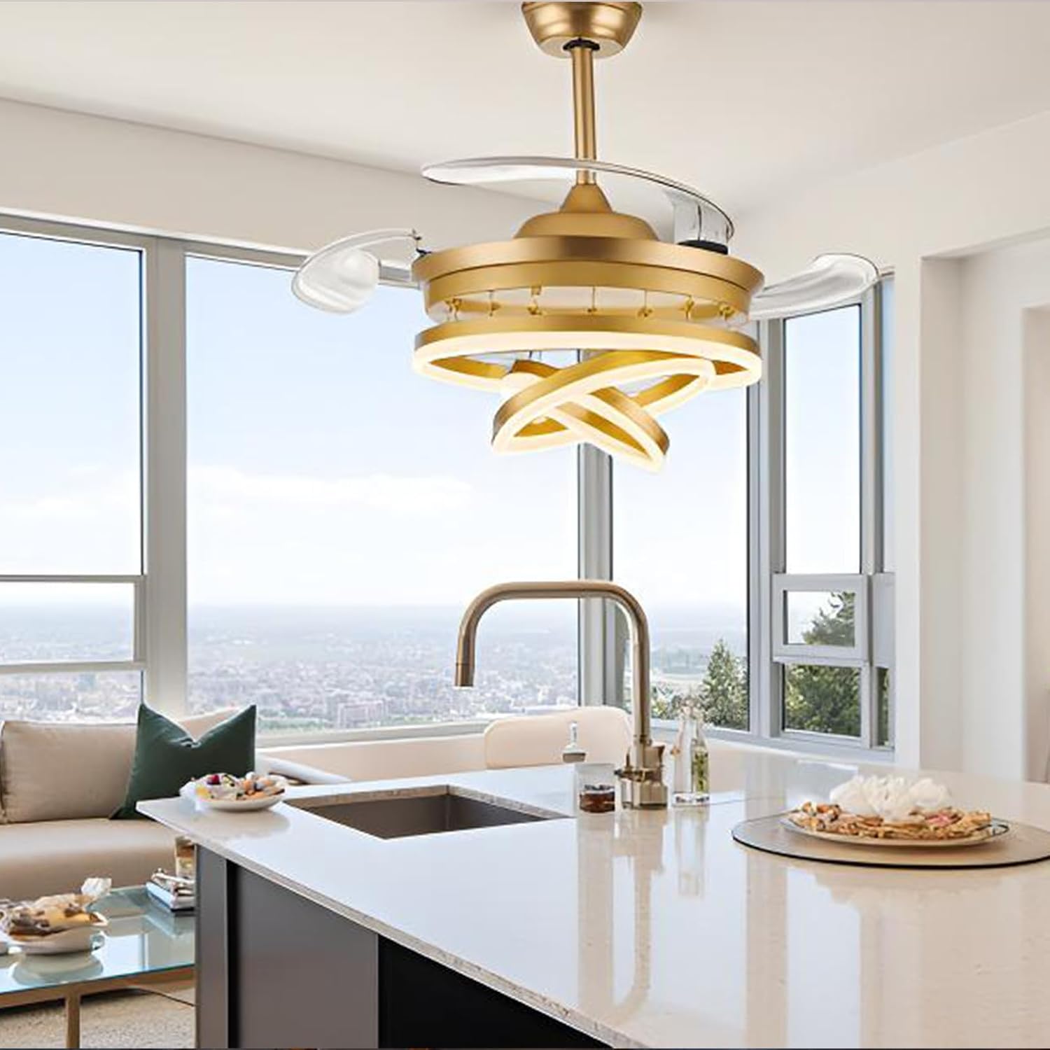 42 Inch Retractable Ceiling Fan with Lights, Gold Fandelier Ceiling Fans with Light and Remote, Reversible, 6 Speed Dimmable LED Chandelier Ceiling Fan for Bedroom Living Room Dining Room, 3000K-6000K