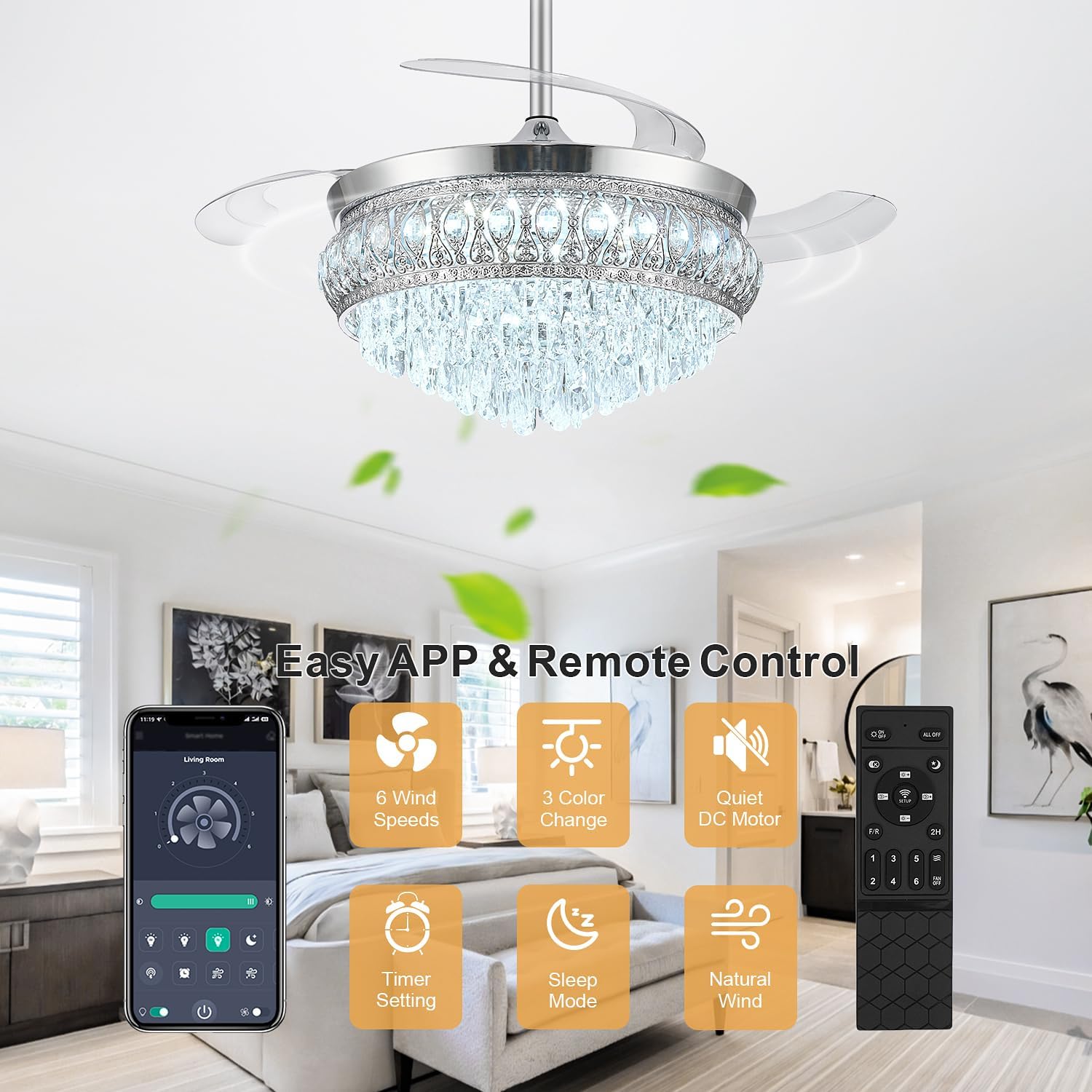 48' Fandelier Ceiling Fan with Light, Crystal Retractable Ceiling Fan with Lights and Remote, Chandelier Fans for Bedroom Living Room, Reversible DC Motor, Dimmable, 6 Speeds - Chrome