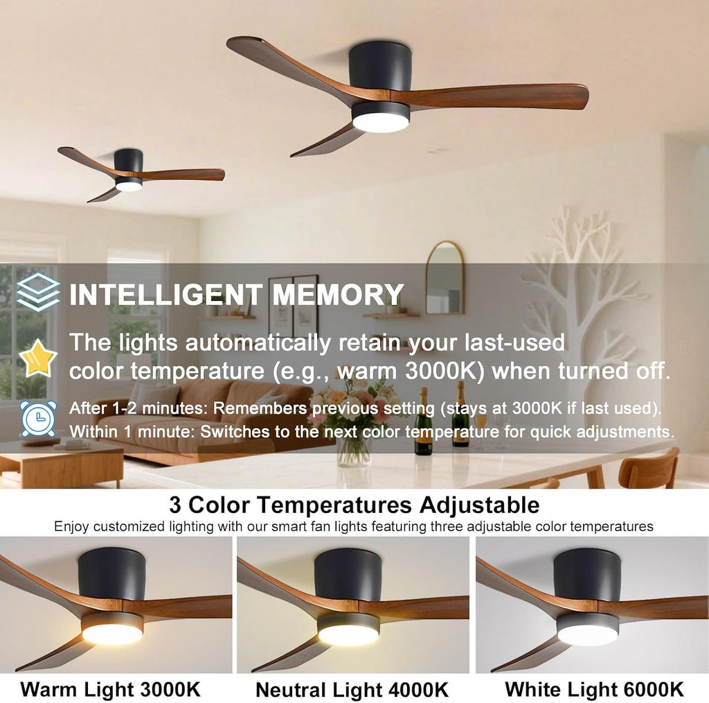 48in Ceiling Fans with Lights Modern Black Ceiling Fan Remote 6 Speed, Solid Wood Blades Ceiling Fan with Light for Bedroom Living Room Dining Room
