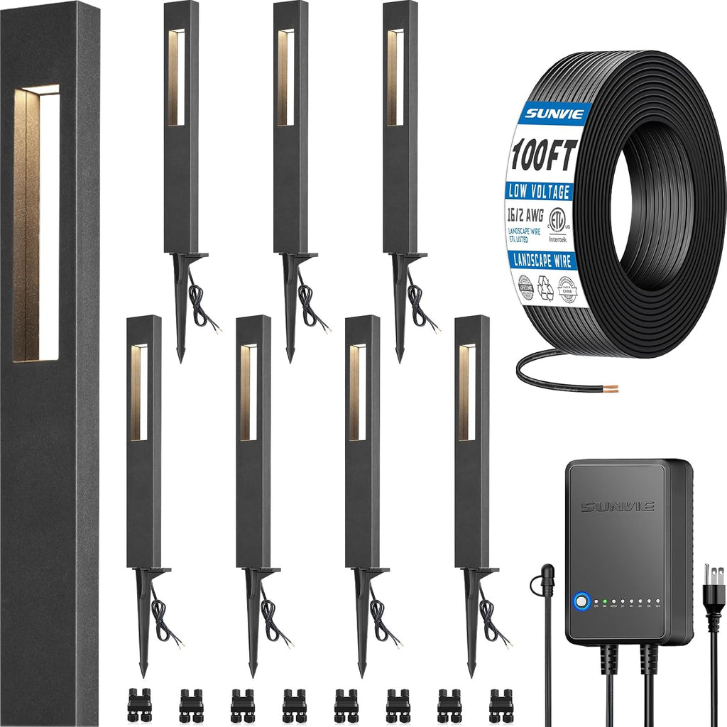 SUNVIE All-In-One LED Low Voltage Landscape Lighting Kit, 8-Pack Pathway Lights with Transformer and 100FT 16/2 AWG Wire, 3000K Waterproof Landscape Path Lights with Connectors for Walkway Garden Yard