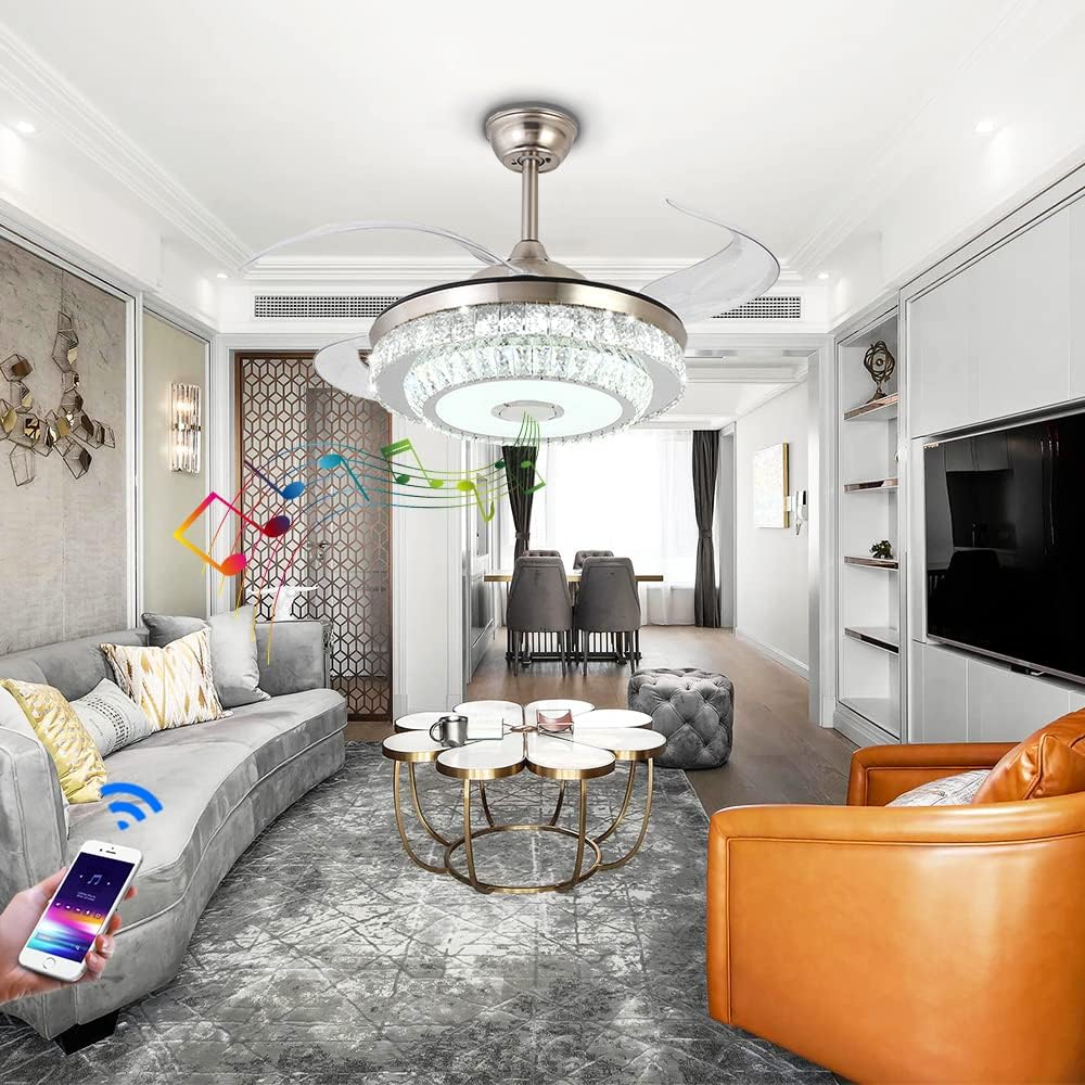 42'' Fandelier Crystal Ceiling Fan with Light, 3 Speeds Changes 7 Colors Dimmable Fandelier Bluetooth Speaker Music Ceiling Fans Modern 2 Layers Crystal Light Fixture for Bedroom,Living Room
