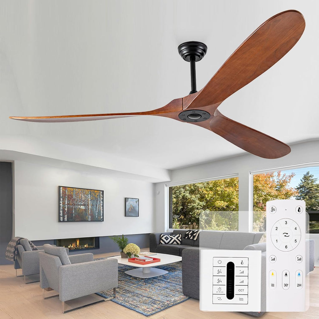 72 Inch Outdoor Ceiling Fan no Light,Solid Wood Ceiling Fans Without Lights with Remote Control/Wall Control,Large 3 Blades Walnut Propeller for Patio,Porch,Living Room,Bedroom,Farmhouse