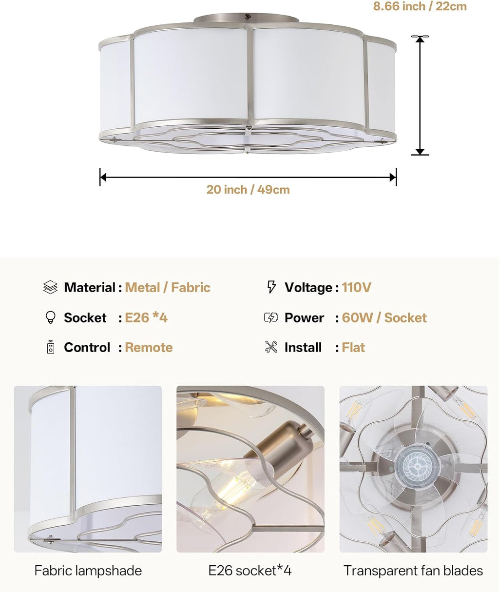 20' Boho Ceiling Fan with Lights Flush Mount, Silver Enclosed Ceiling Fans with Lights Remote Control, Caged with 6 Speeds for Bedroom, Living Room, Nursery
