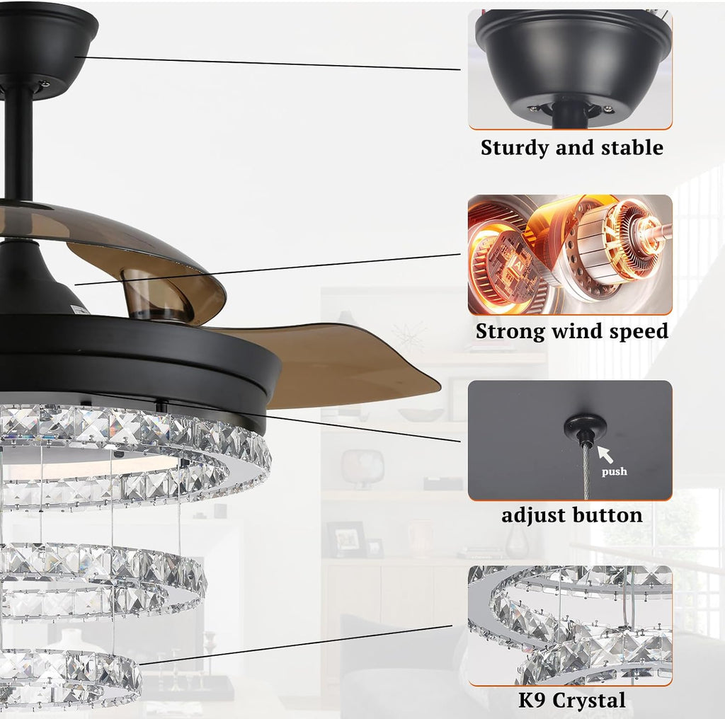 42' Black Crystal Ceiling Fan with Light, Dimmable LED Fandelier with Retractable Invisible Blades, Quiet Reversible DC Motor, 3 Color Lighting, Flush Mount for Bedroom, Living Room, Dining Room
