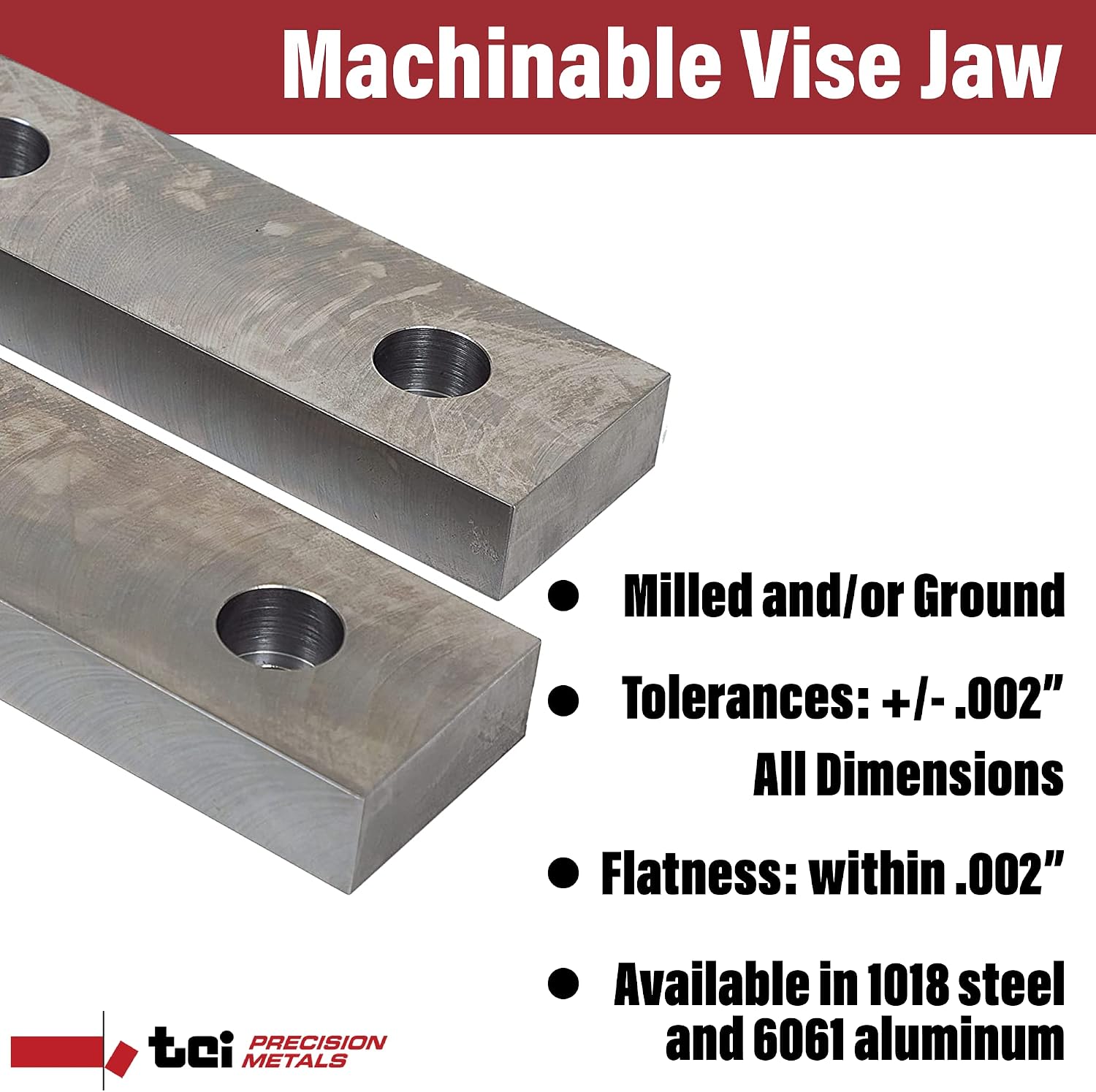 Machinable Metal Vise Jaws for Bench Vise 8 inch, 1'T x 2.5'W x 8'L, 1018 Carbon Steel, Set of 2