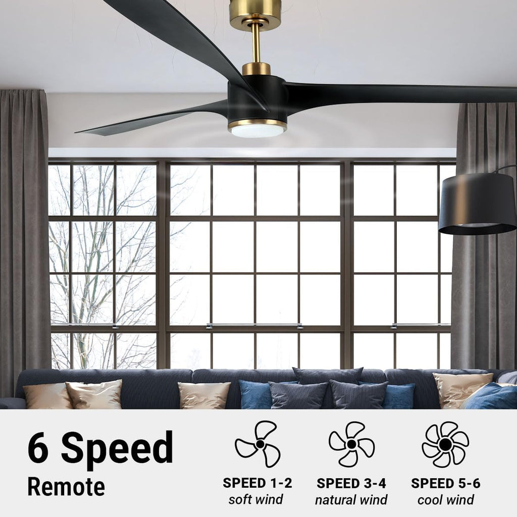 Wynwood QL2314BK 60-Inch Matte Black Edgewater Ceiling Fans with Lights, DC Motor, 6-Speed Remote Control, 3-CCT Dimmable LED, Reversible Airflow, ABS Blades, Downrod Mount, Indoor Ceiling Fan