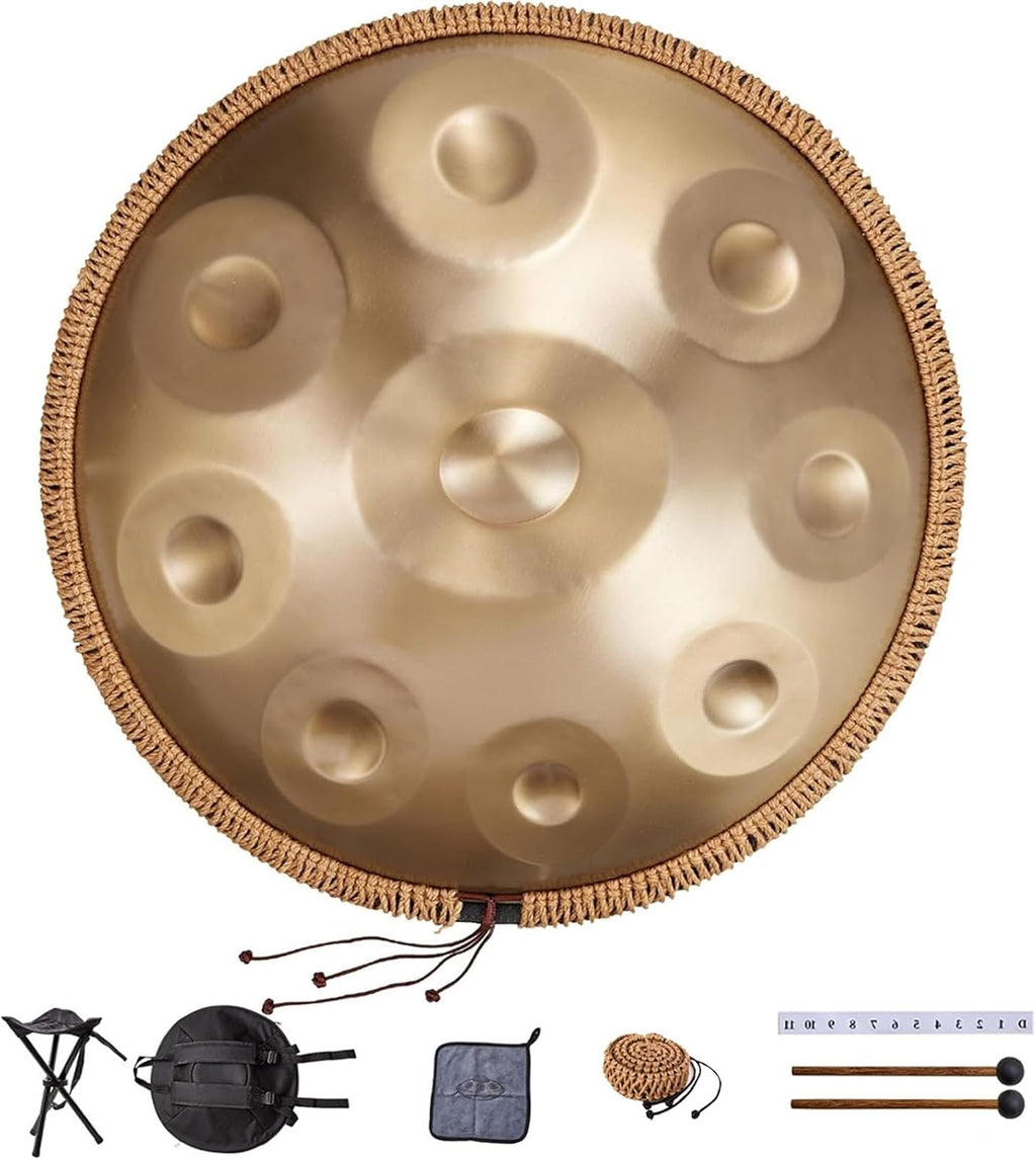 Handpan Drums In D Minor, 440hz 22inches Hand Drum Set With Backpack, Courses, Stand, Cleaning Cloth, And Two Mallets Percussion Instruments Tunable(Gold,12)