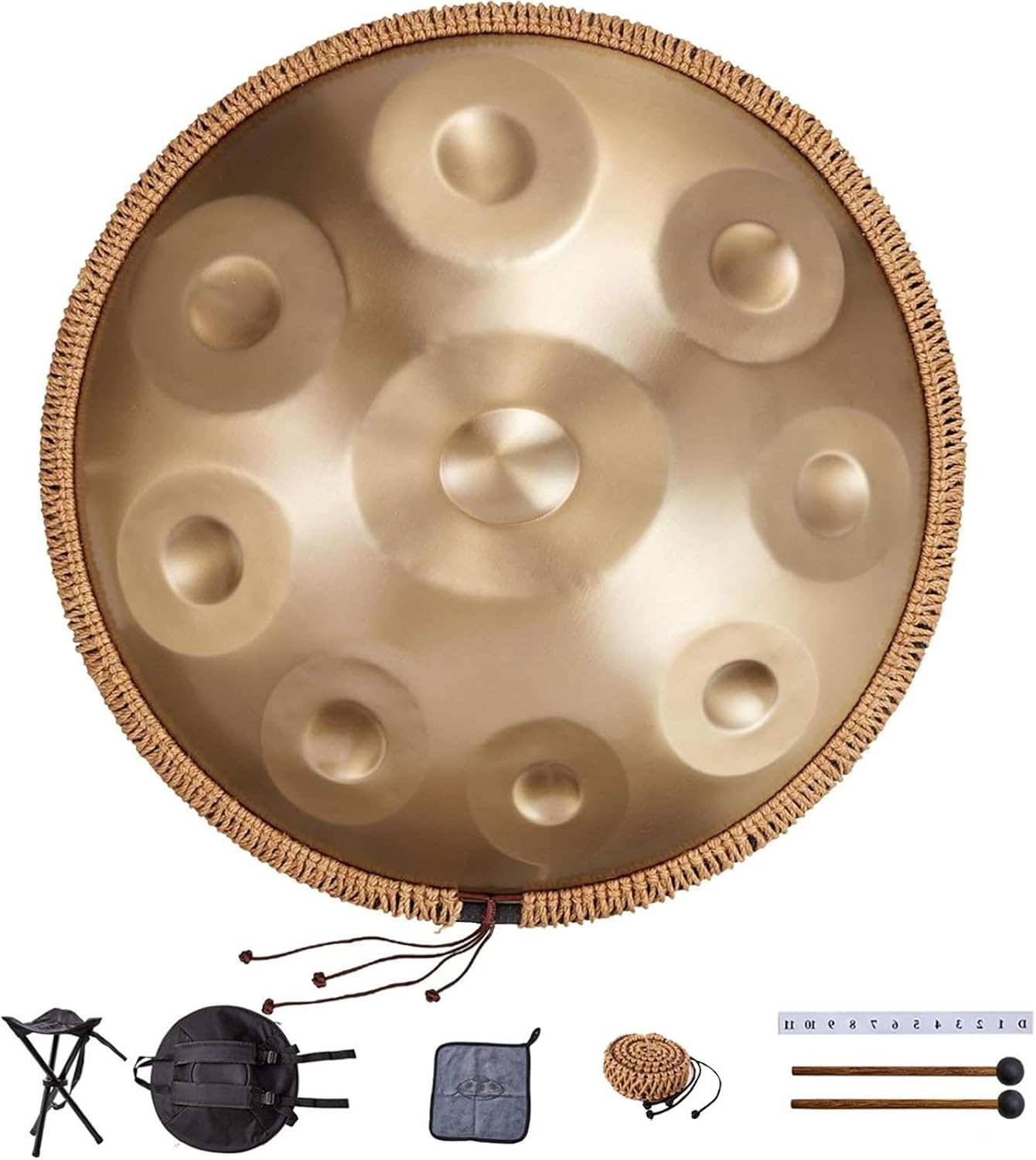Handpan Drums In D Minor, 440hz 22inches Hand Drum Set With Backpack, Courses, Stand, Cleaning Cloth, And Two Mallets Percussion Instruments Tunable(Gold,9)