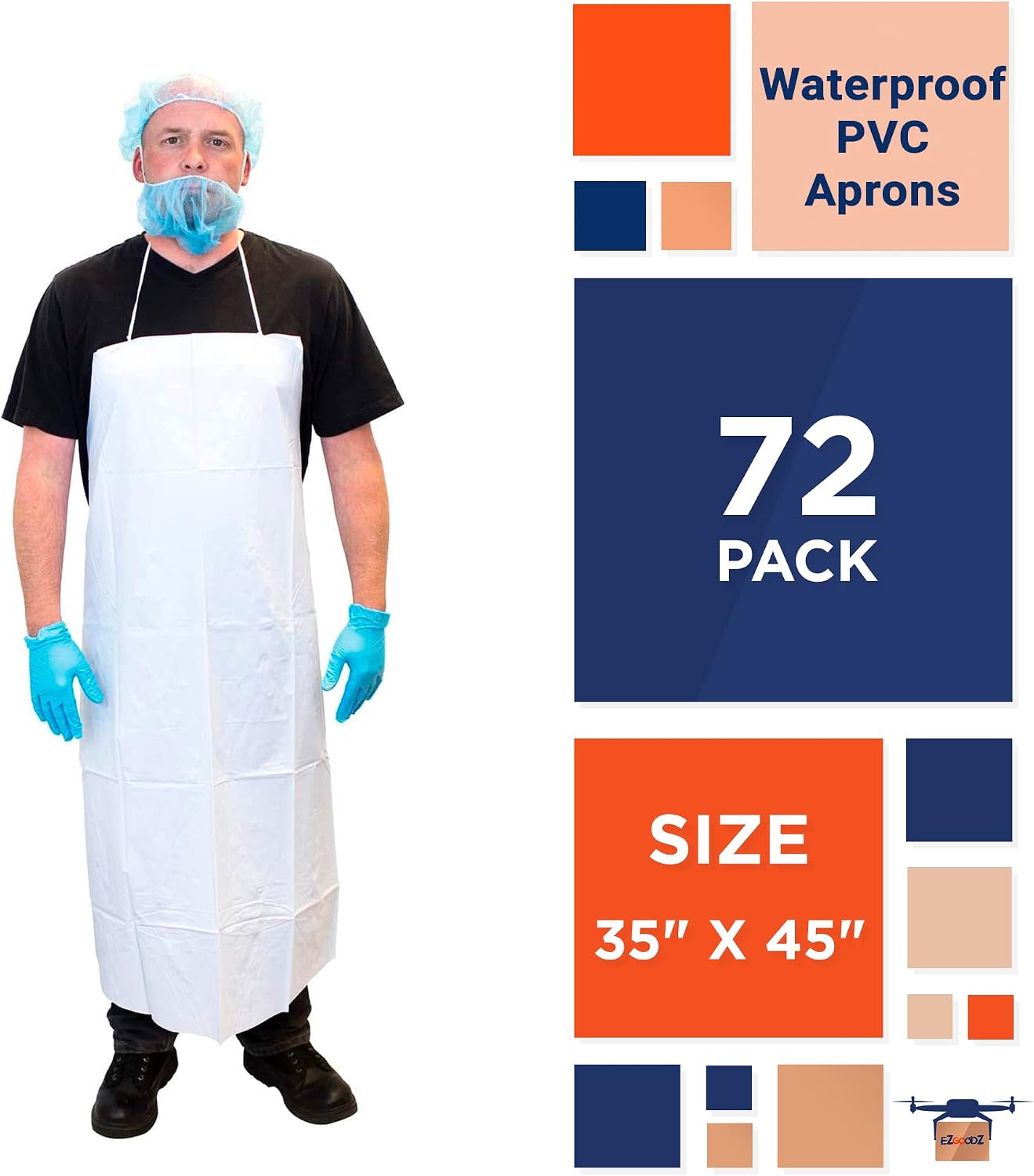 EZGOODZ Disposable Vinyl Aprons, Die Cut PVC Apron for Men and Women, Waterproof Aprons with Neck and Waist Ties, Pack of 72