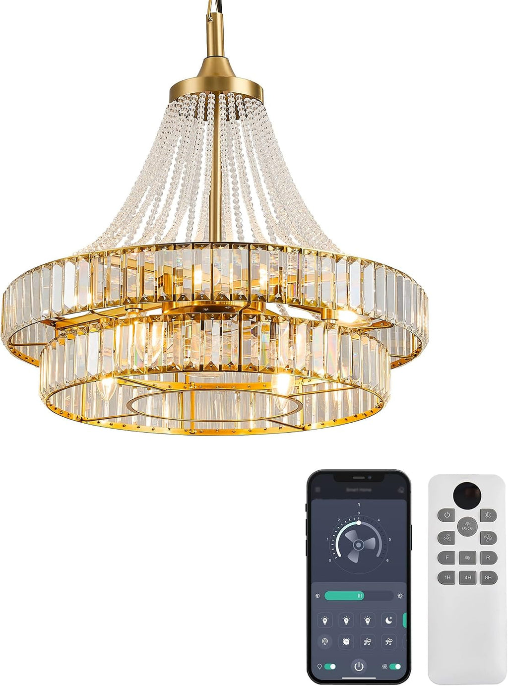 24' Modern Crystal Chandelier Ceiling Fan with Lights, Remote & App Control, 6-Speed Reversible Large Fandelier, Double Layer Design for Bedroom, Living Room (Luxury Gold)