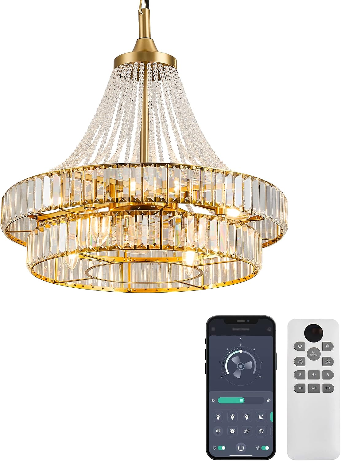 24' Modern Crystal Chandelier Ceiling Fan with Lights, Remote & App Control, 6-Speed Reversible Large Fandelier, Double Layer Design for Bedroom, Living Room (Luxury Gold)