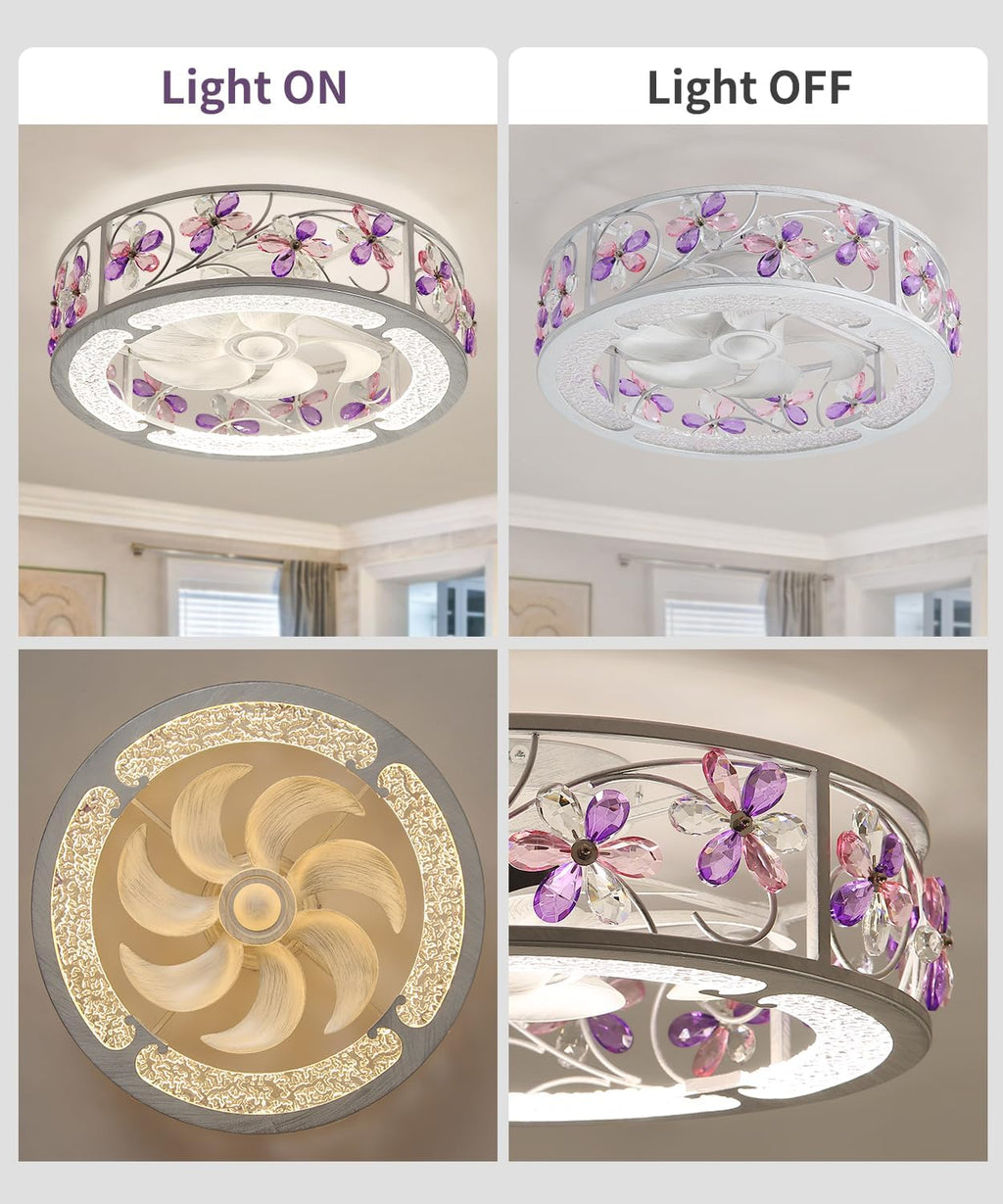 20 Inch Low Profile Caged Ceiling Fan with Light, Flower Chandelier Flush Mount Ceiling Lights Remote Control,Crystal Fandelier Bladeless 6 Speeds for Girl's Bedroom, Living Room,Hand Painted White
