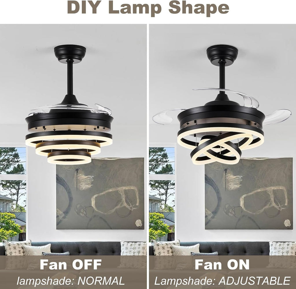 42' Retractable Ceiling Fans with Lights, Modern Fandelier Ceiling Fan with LED Light and Remote/APP Control 3 CCT, Reversible, 6 Wind Speed, Chandelier Ceiling Fan for Bedroom, Living Room Black