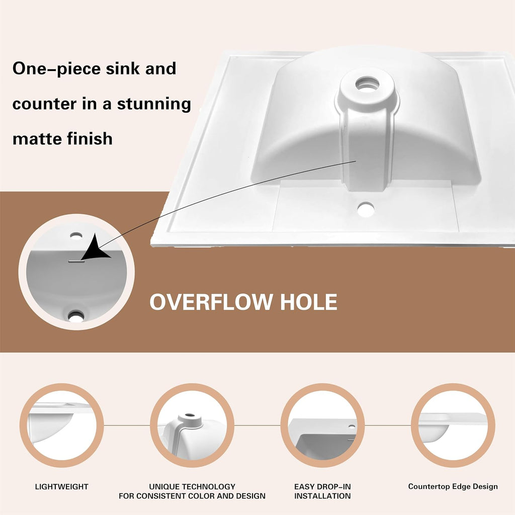 25'/31'/37' Solid Surface Polyurethane Resin Streamline Vanity Top With Sink, Durable, Consistent Color, Easy-to-Clean, Built-in Overflow (31'W x 22'D)