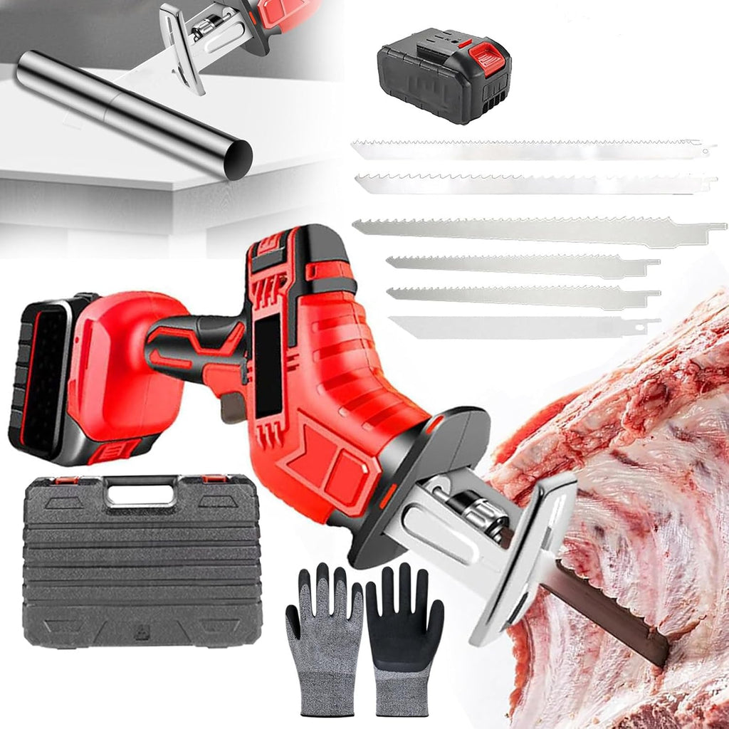 Electric Meat and Bone Saw,Cordless Reciprocating Saw,Rubber Handle,with 6replaceable Saw Blades,1pairs Gloves,Led Auxiliary Lighting,for Wood,Metal Cutting&Meat Bone,1battery