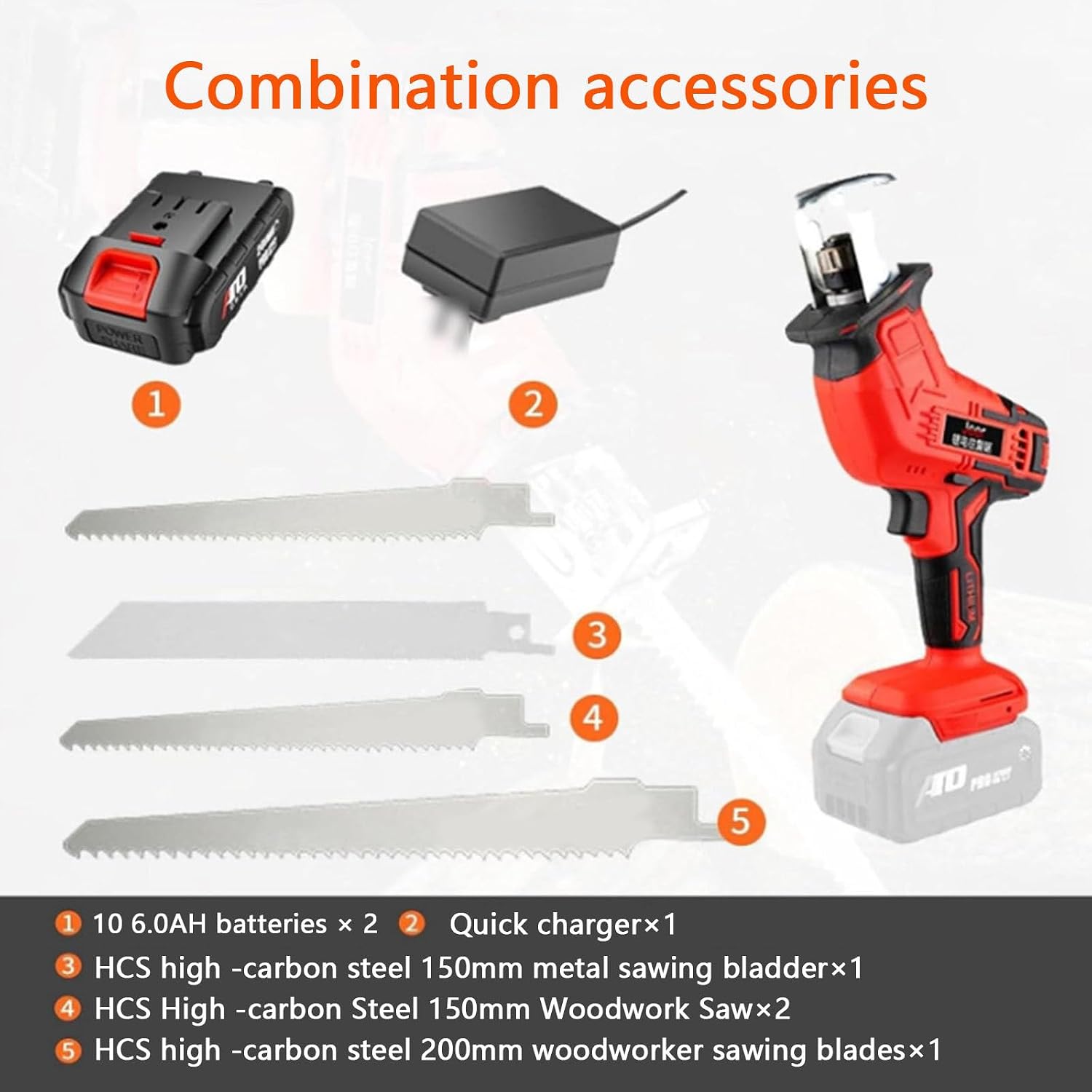 Cordless Reciprocating Saw- Led Illuminated, Electric Saber Saw Set, Cutting Electric Saw,for Cutting Bones/Branches/Metal Pipes Variable Speed