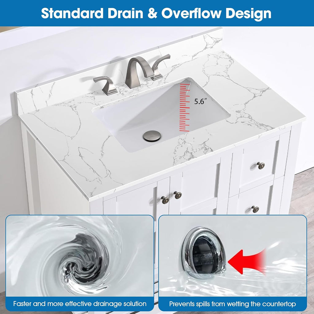 36 Inch Engineered Stone Bathroom Vanity Sink Top, with Undermount Rectangular Middle Sink, Vanity Countertop with 8 inch Faucet Hole Spacing and Backsplash in Lightning White
