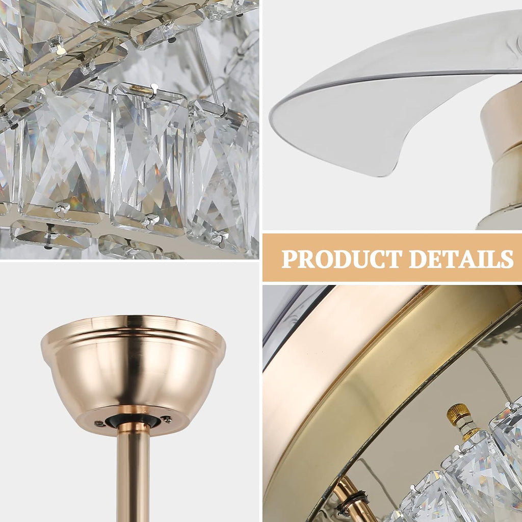 42' Gold LED Fandeliers with Lights Dimmable Crystal Ceiling Fan with Lights Individual 3 LED Color Change with Timi Memory Function
