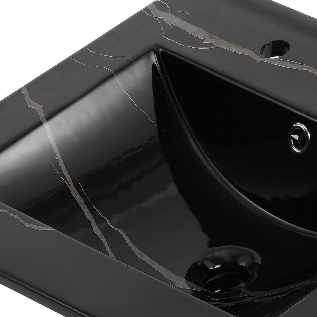 JONATHAN Y Ancillary 20 in. W x 18.25 in. D Ceramic Vanity Sink Top with 3-Hole Rectangular Single Sink Basin, Black Marble Effect SNK1000D