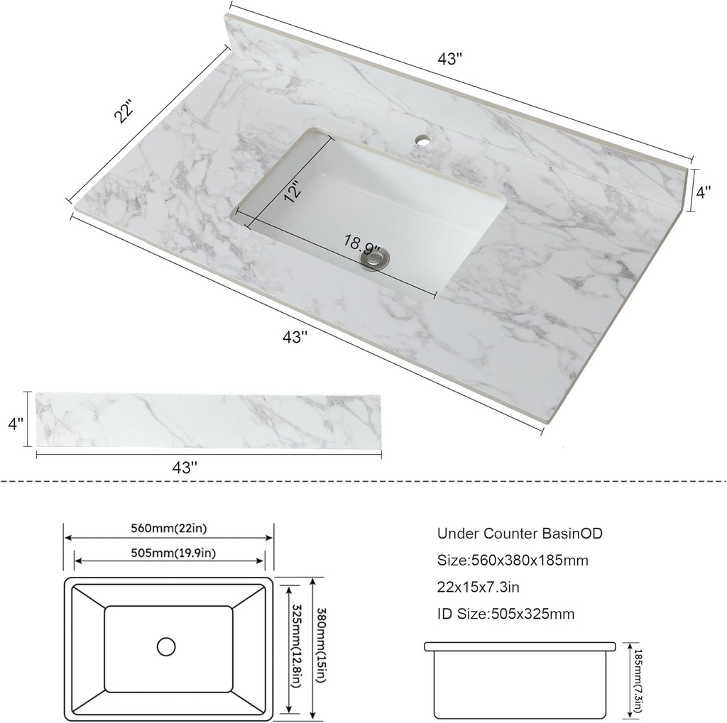 43x22 Marble Bathroom Vanity Top with Sink, Vanity Top with Sink with Pre-drilled Holes and 4' Backsplash, Perfect for Home & Rental Properties