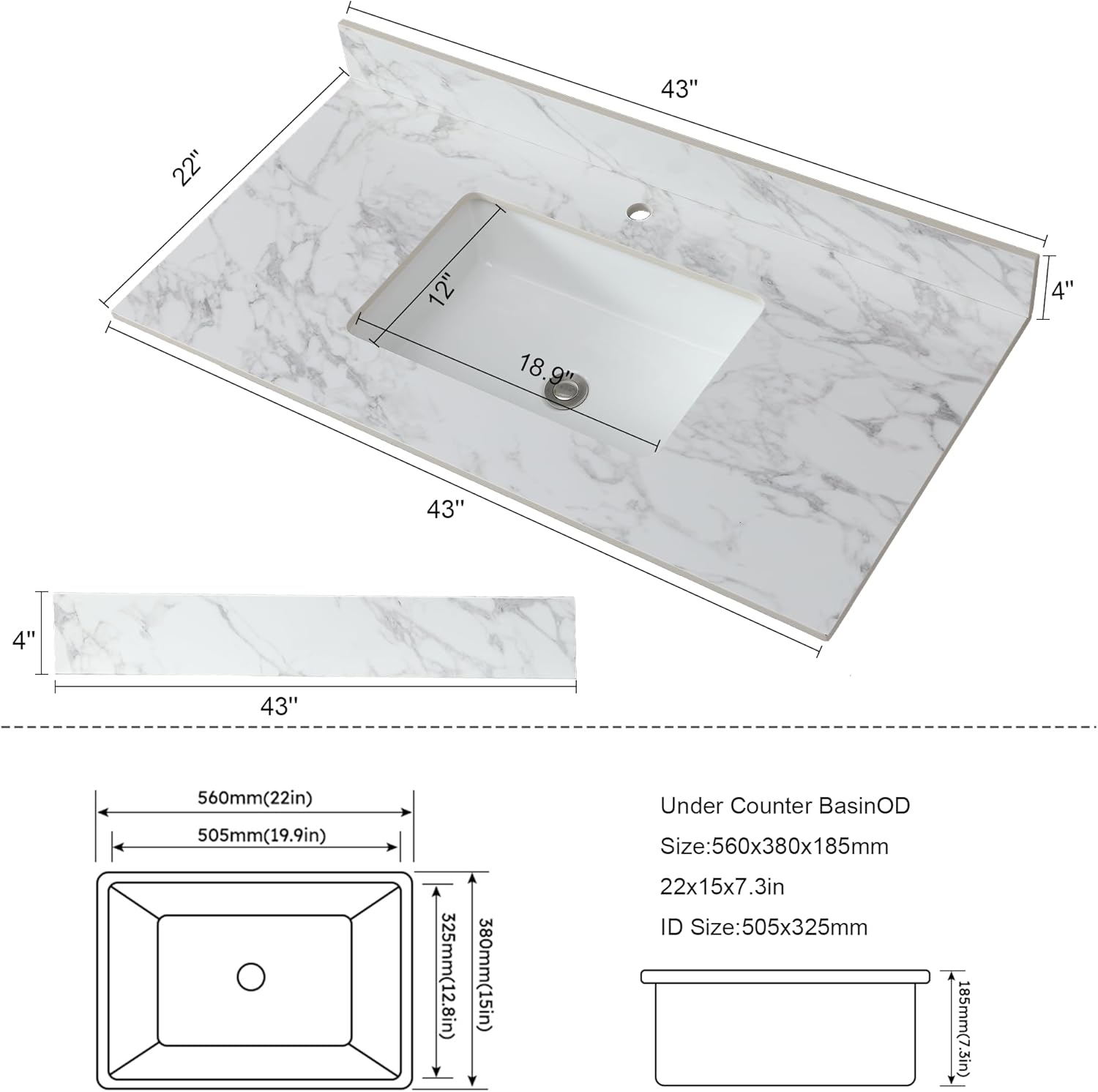 43x22 Marble Bathroom Vanity Top with Sink, Vanity Top with Sink with Pre-drilled Holes and 4' Backsplash, Perfect for Home & Rental Properties