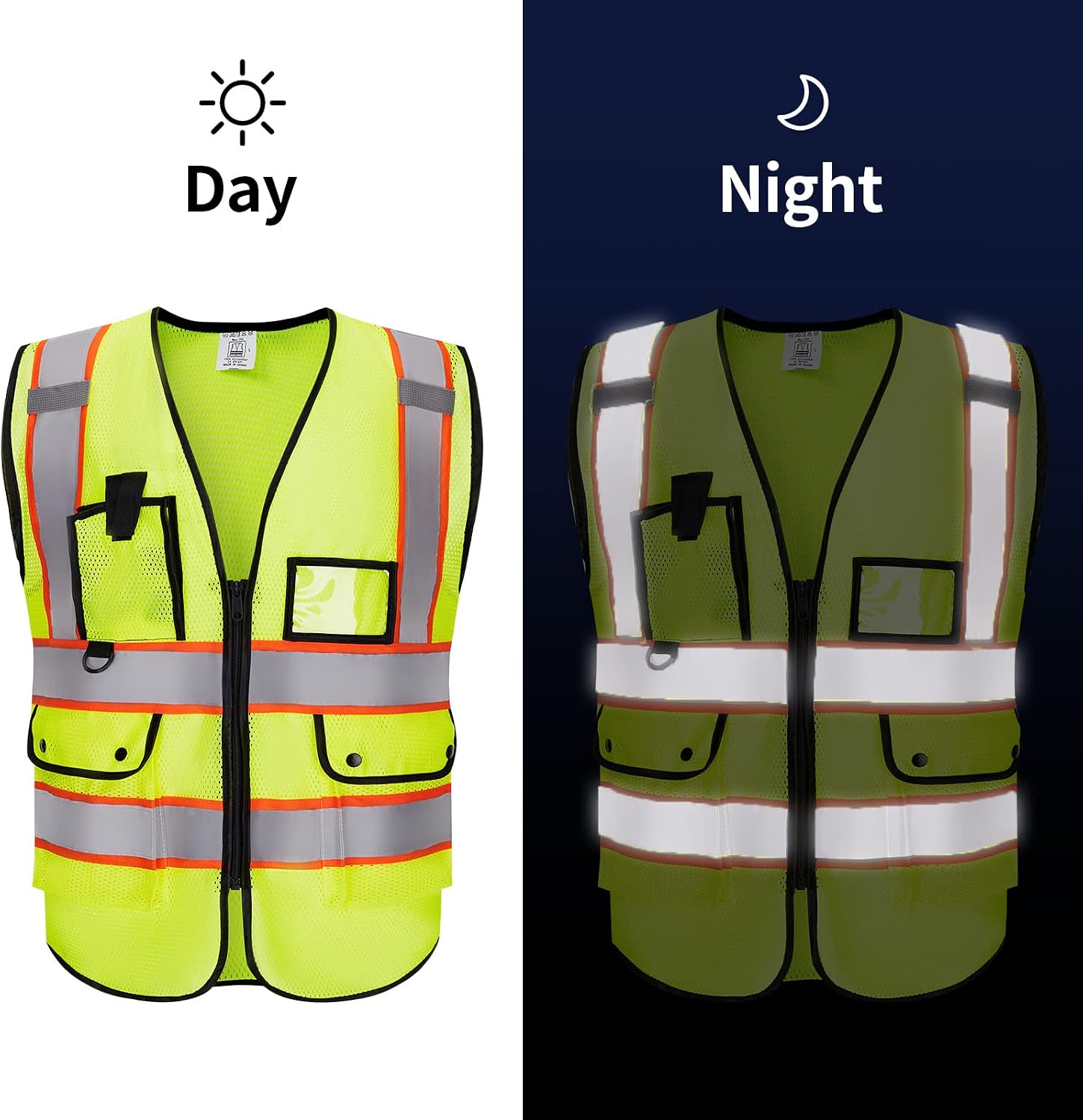 Custom Logo Safety Vest High Visibility Reflective Vest Class 2 Standard with Pockets and Zipper