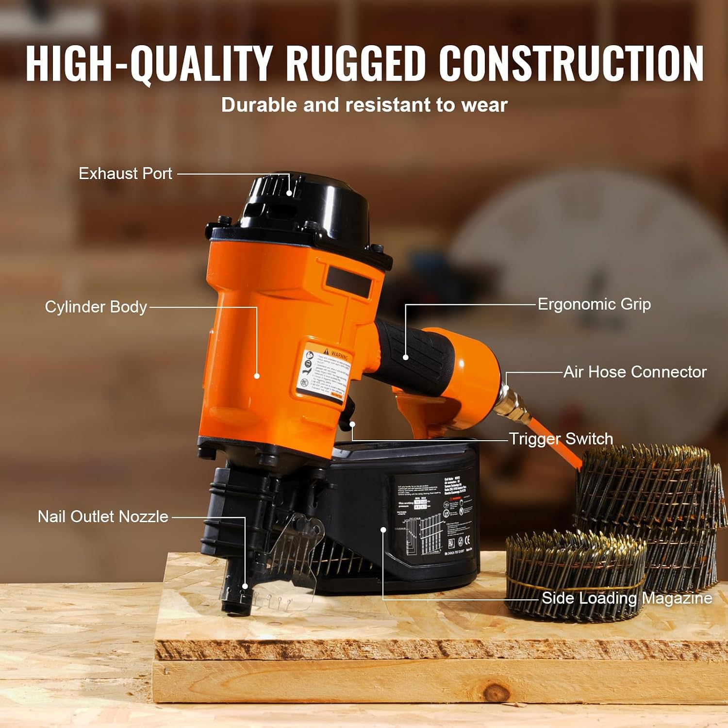 Happybuy Coil Siding Nailer MCN70, 1-3/4' to 2-3/4' 15 Degree Pneumatic Siding Nail Gun, 70-120PSI Air Coil Nailer for Pallet, Crating, Framing, Siding and Fencing