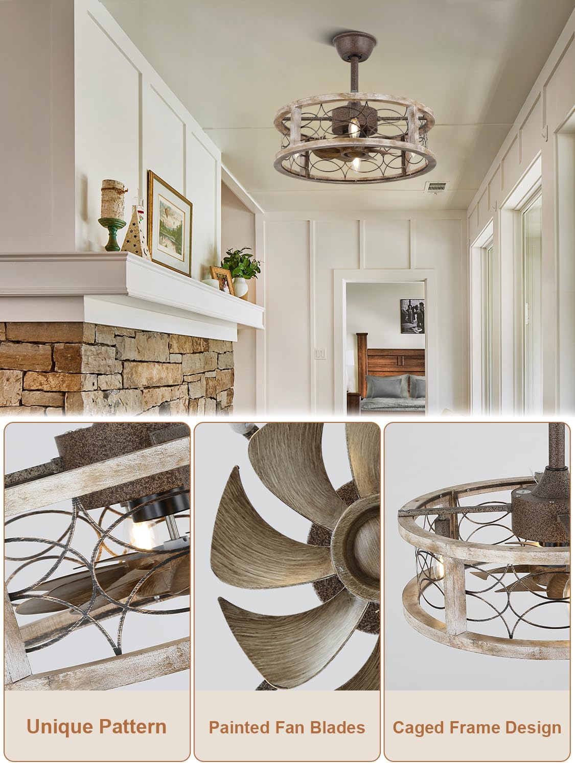 Caged Ceiling Fans with Lights, 18 Inch Farmhouse Ceiling Fans with Lights and Remote, Rustic Industrial Fandelier Ceiling Fan Enclosed for Bedroom