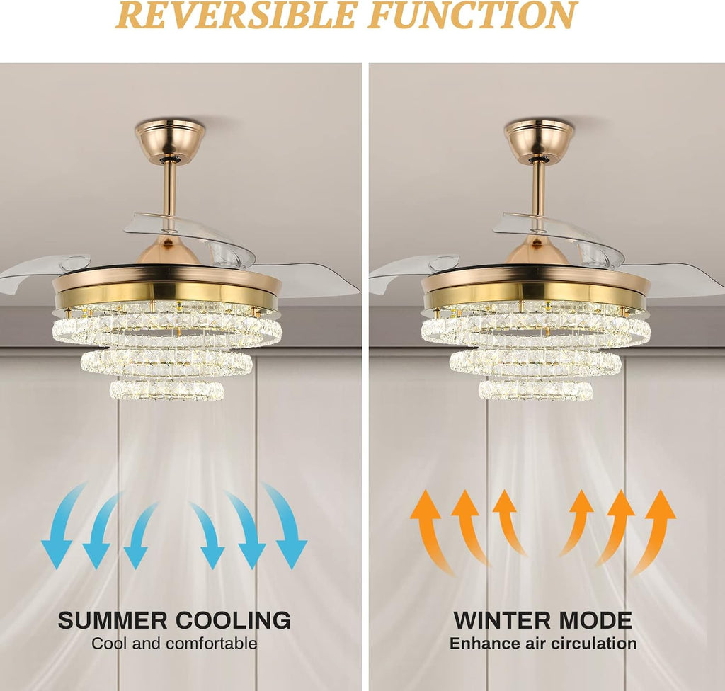42' Dimmable Gold LED Fandeliers Crystal Chandelier Ceiling Fan with Lights Modern Invisible Fandelier Crystal Chandelier Fan 3 LED Color Change with Memory Function