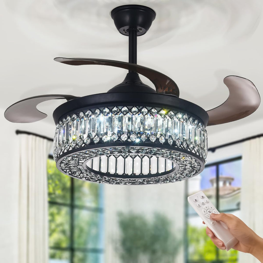 42' Crystal Ceiling Fan Fandelier with Lights and Remote Control Modern Chandelier Ceiling Fan with Reversible Blades 6 Speed, 3 Timing for Dining Room Living Room Bedroom,Black