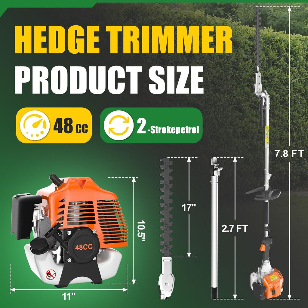 17'' Gas Hedge Trimmer, 48cc 2 Cycle Gas Powered Hedge Trimmer Brush Cutter,Pole Saw with Extension Pole Garden Trimming Tools for Tree Trimming and Branch Cutting (Maximum extends is 10.5FT)