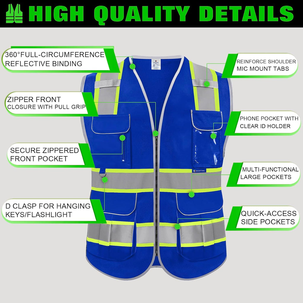 BeautyWill 5Pack Custom Logo Safety Vest 8 Pockets Class2 ANSI Certified High Visibility Reflective Vest for Men - Personalized Logo Heavy-Duty Work Vest（Blue，L）