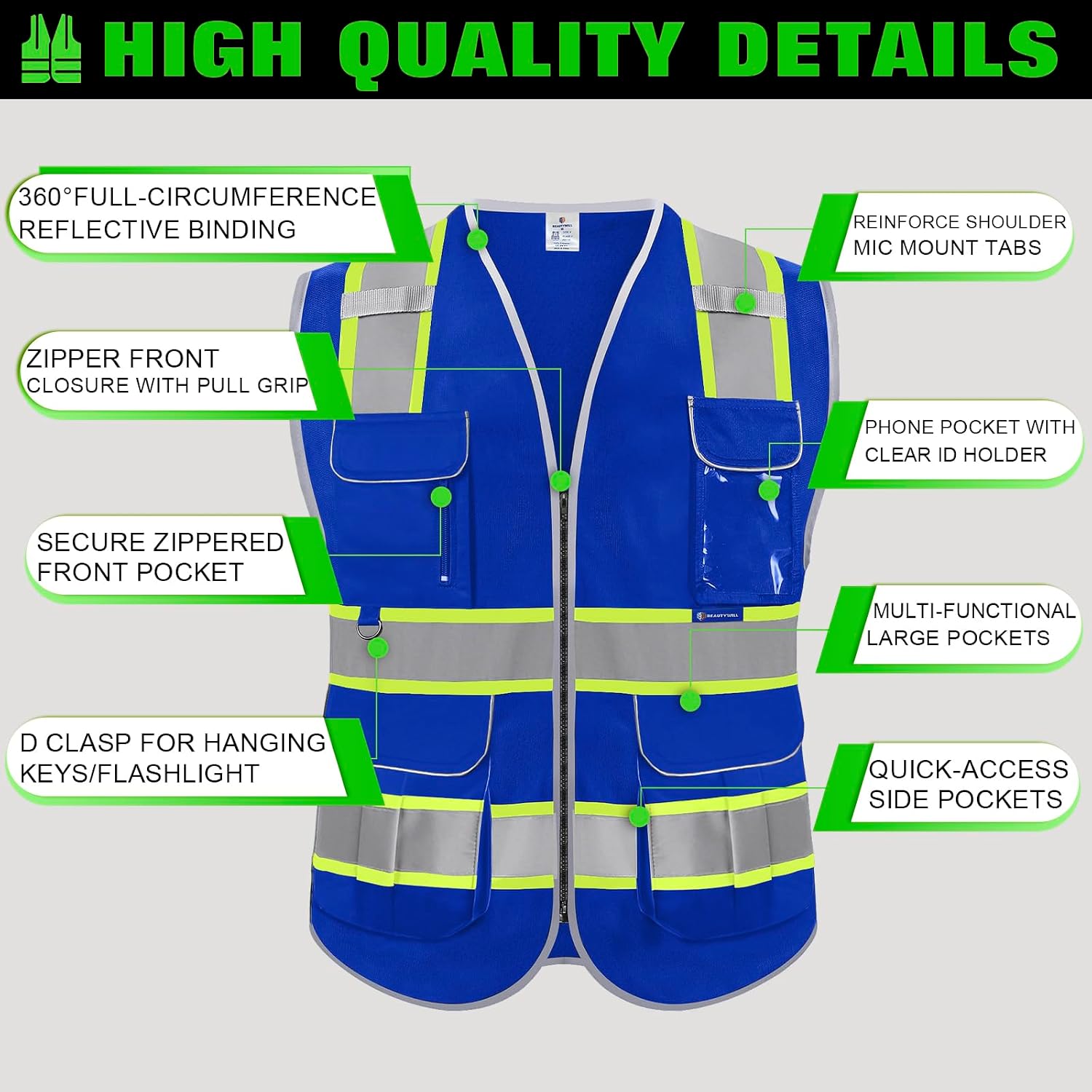 BeautyWill 5Pack Custom Logo Safety Vest 8 Pockets Class2 ANSI Certified High Visibility Reflective Vest for Men - Personalized Logo Heavy-Duty Work Vest（Blue，L）