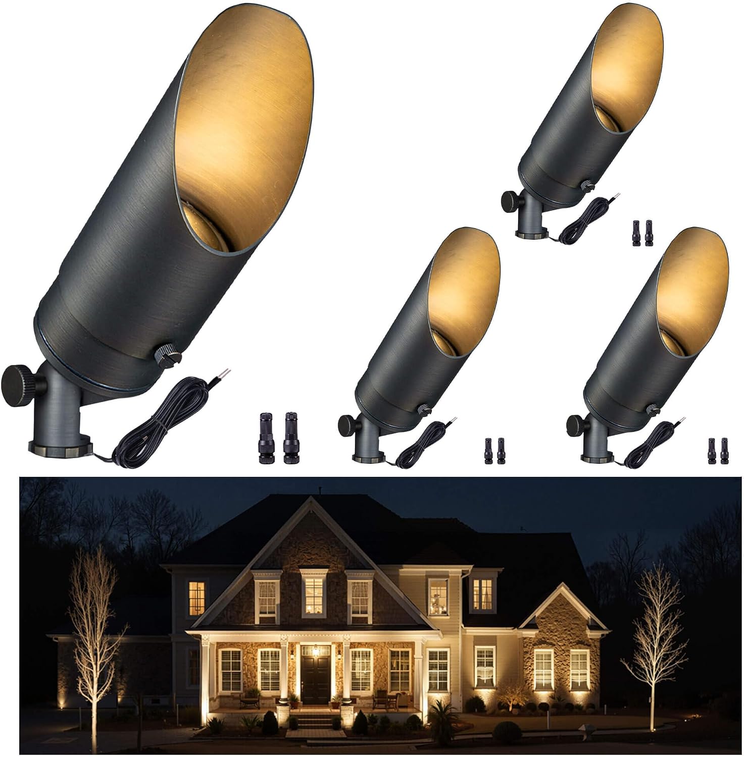 Gardenreet Brass Landscape Lighting - Low Voltage Outdoor Spotlights, Wired LED Uplights 12V, Waterproof Spot Lights, Antique Bronze for Outside Trees Without MR16 Bulb (4 Pack)