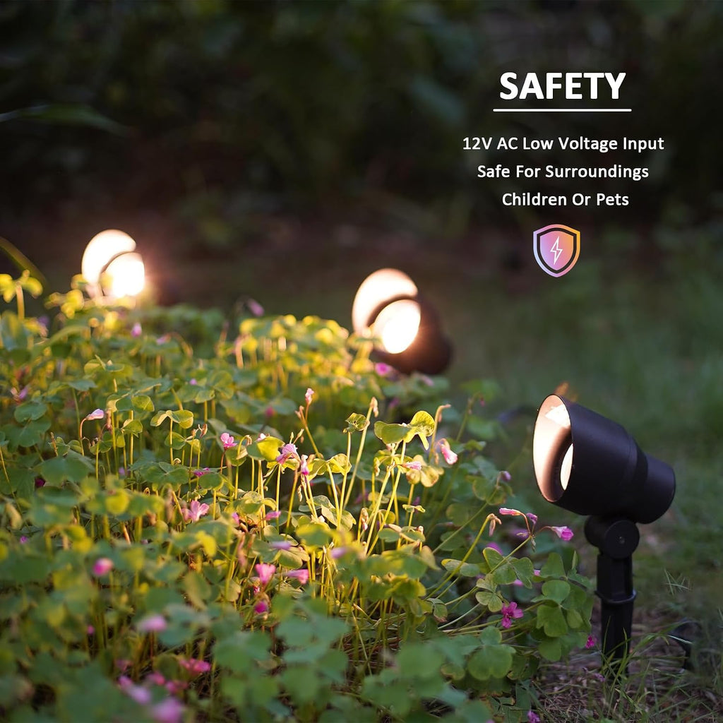 Low Voltage Landscape Spotlights 20W Halogen Spot Lights 12V AC 12PK Outdoor Black Landscape Lighting Kit with Spike Stakes and Connectors 145 Lumen for Garden Lawn