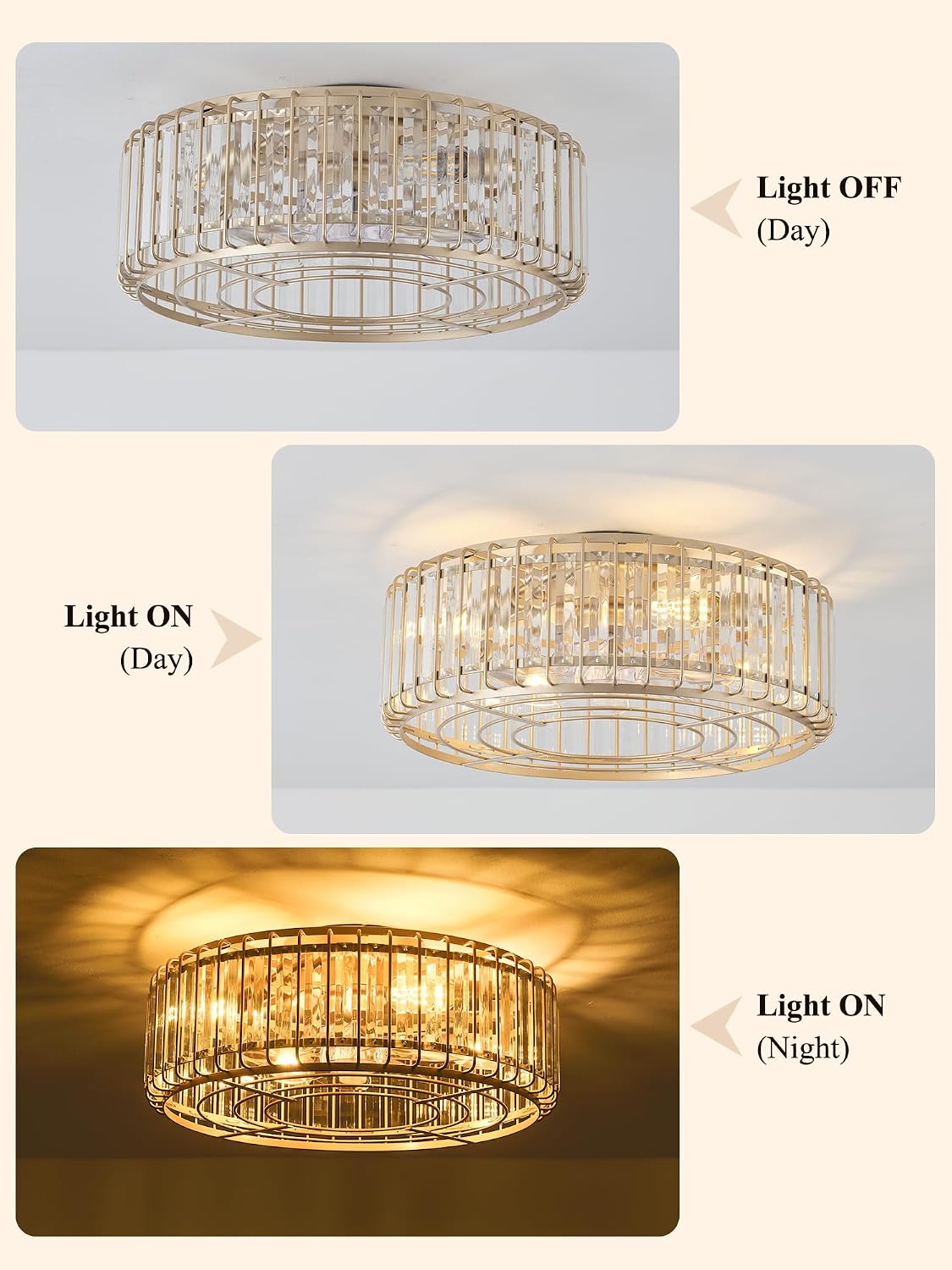 20inch Flush Mount Caged Ceiling Fans with Lights Fandelier | Gold Crystal Ceiling Fan with Light and Remote, Low Profile Mid Century with 6 Speeds for Bedroom Nursery Living Room