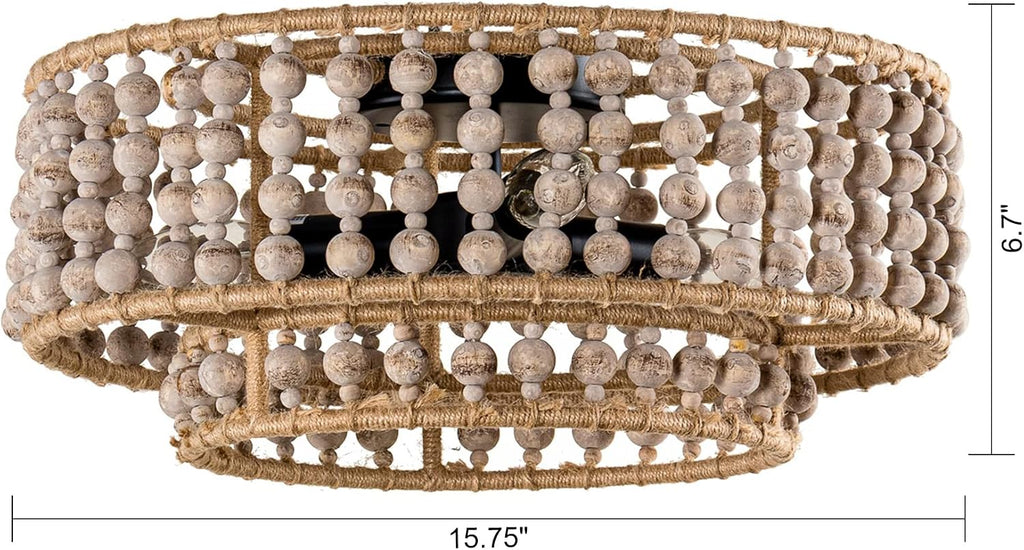 Wood Beaded Chandelier - 3 Lights Boho Flush Mount Light Fixture Farmhouse Chandeliers for Bedroom Hallway Kitchen Island Foyer Entryway Nursery Living Room