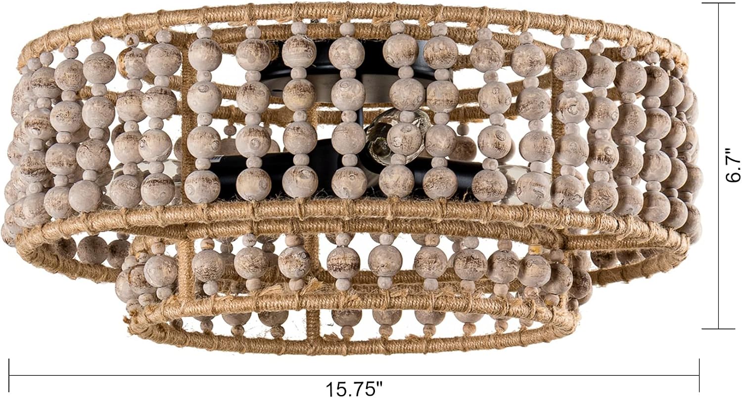 Wood Beaded Chandelier - 3 Lights Boho Flush Mount Light Fixture Farmhouse Chandeliers for Bedroom Hallway Kitchen Island Foyer Entryway Nursery Living Room