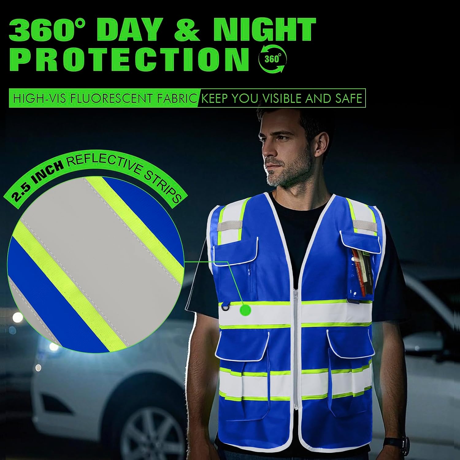BeautyWill 5Pack Custom Logo Safety Vest 8 Pockets Class2 ANSI Certified High Visibility Reflective Vest for Men - Personalized Logo Heavy-Duty Work Vest（Blue，L）
