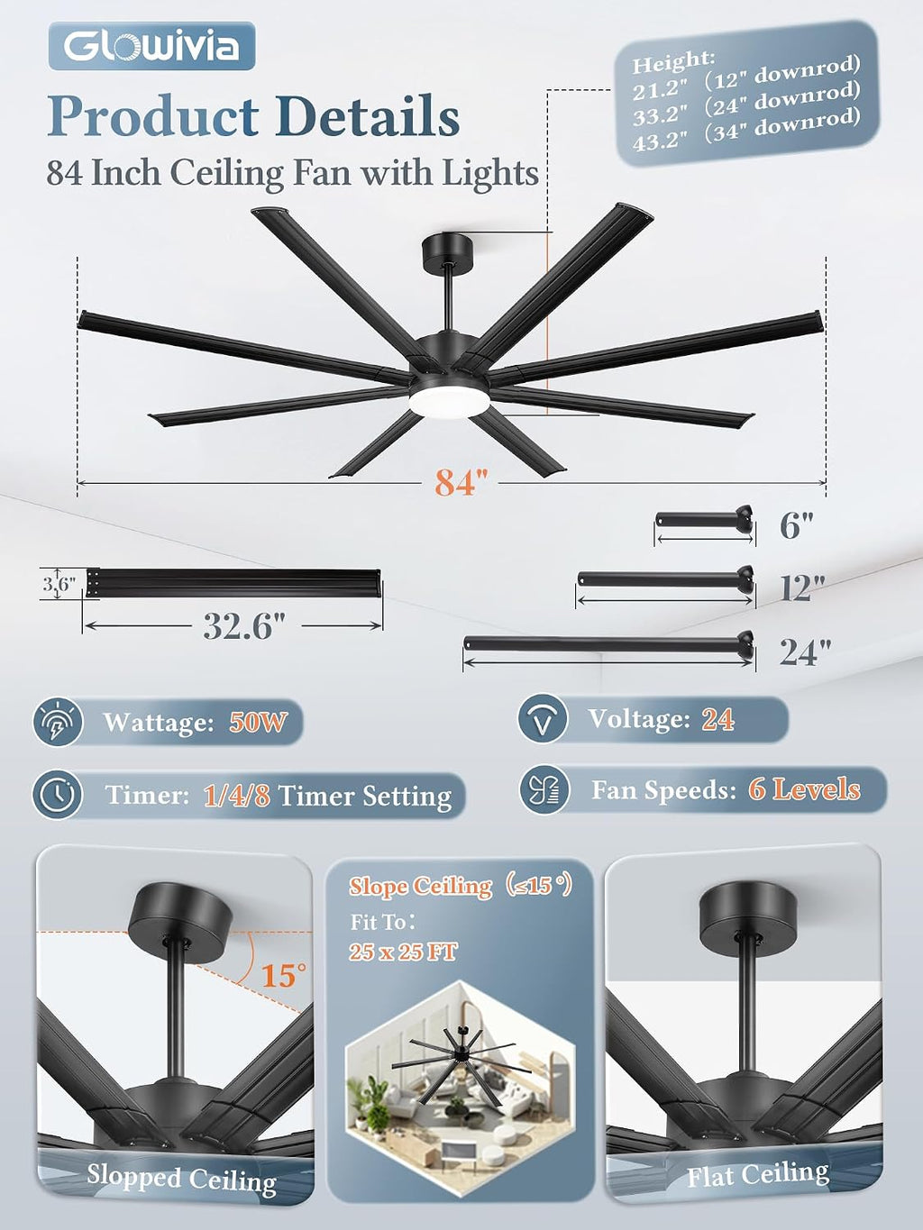 84 Inch Large Ceiling Fan with Lights & Remote, Black Modern Design, 8 Iron Blades & 15000 CFM High Airflow, Quiet Reversible DC Motor, 3CCT Lighting, 3 Downrods -for Bedroom, Living Room
