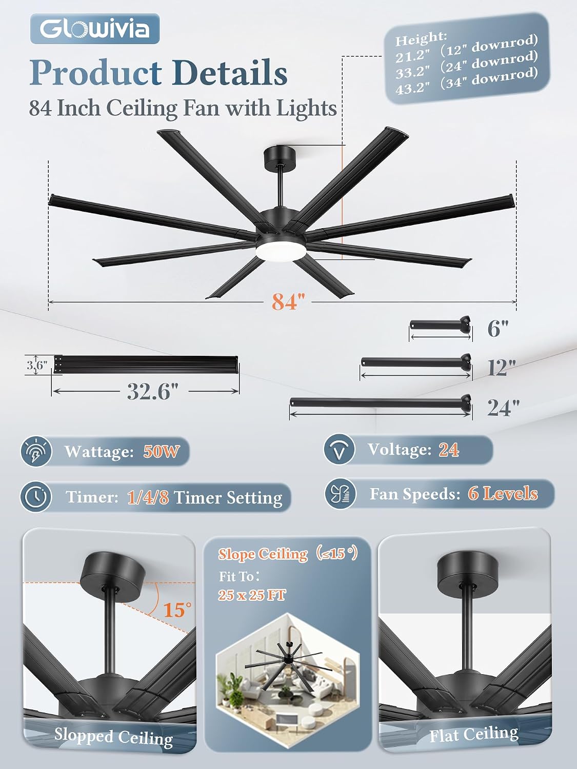 84 Inch Large Ceiling Fan with Lights & Remote, Black Modern Design, 8 Iron Blades & 15000 CFM High Airflow, Quiet Reversible DC Motor, 3CCT Lighting, 3 Downrods -for Bedroom, Living Room