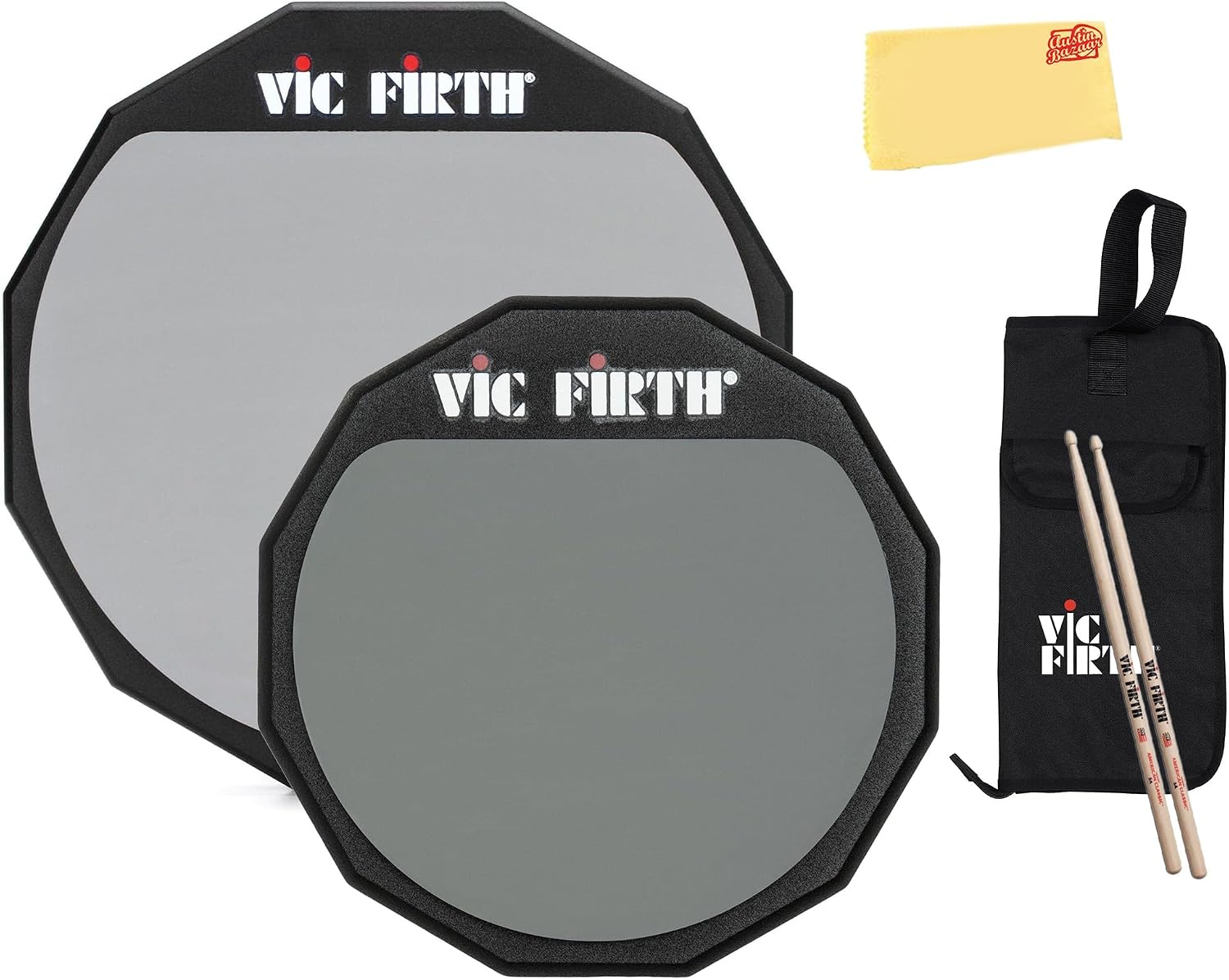 Vic Firth PAD12D 12' Double-Sided Practice Pad Bundle with 6' Practice Pad, Drumsticks, Stick Bag, and Austin Bazaar Polishing Cloth
