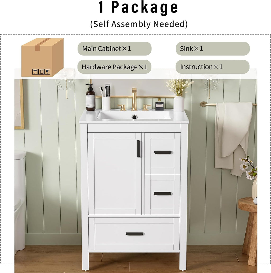 24' Bathroom Vanity with Sink, Harper & Bright Designs Free Standing Single Vanity Set with 3 Drawers and One Door with Storage Racks, Solid Wood Storage Cabinet with Ceramic Basin for Bathroom, White