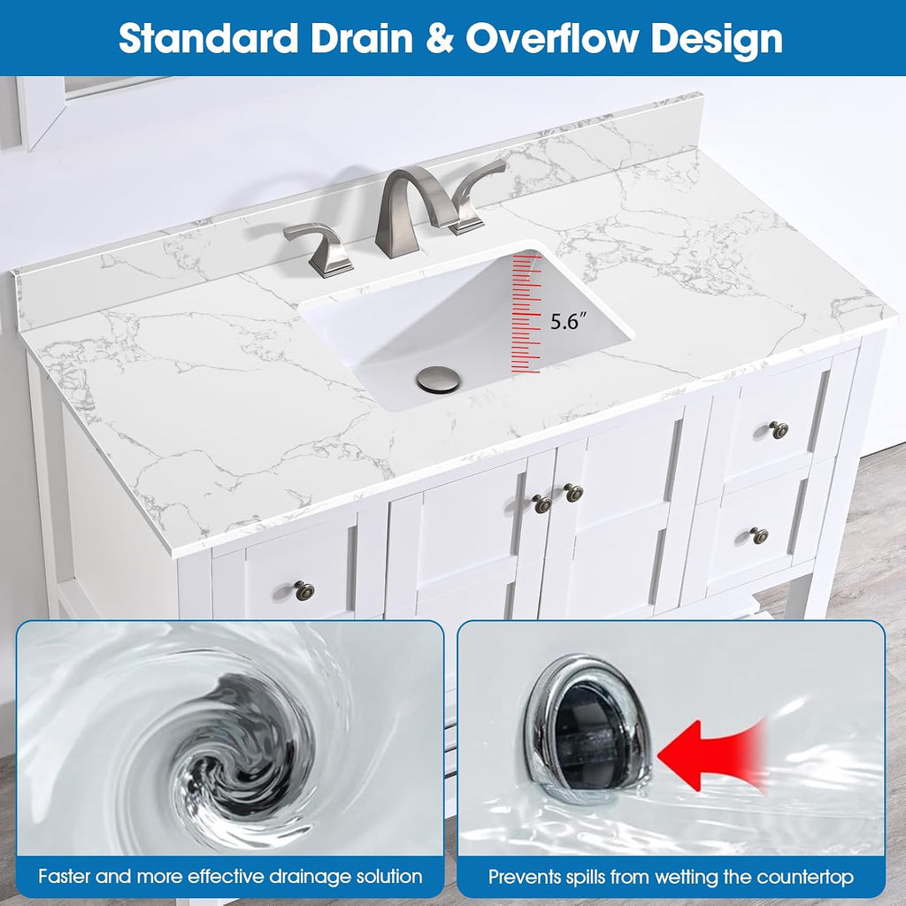 48 Inch Engineered Stone Bathroom Vanity Sink Top, with Undermount Rectangular Middle Sink, Vanity Countertop with 8 inch Faucet Hole Spacing and Backsplash in Lightning White