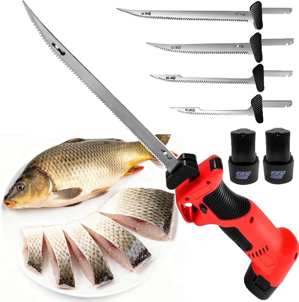 Commercial Cordless Electric Fillet Knife for Bulk Use - Industrial Reciprocating Fish Filet/Meat Saw with 4 Blades & Dual Batteries, 50-Minute Quick Charge,for Home & Outdoor Use