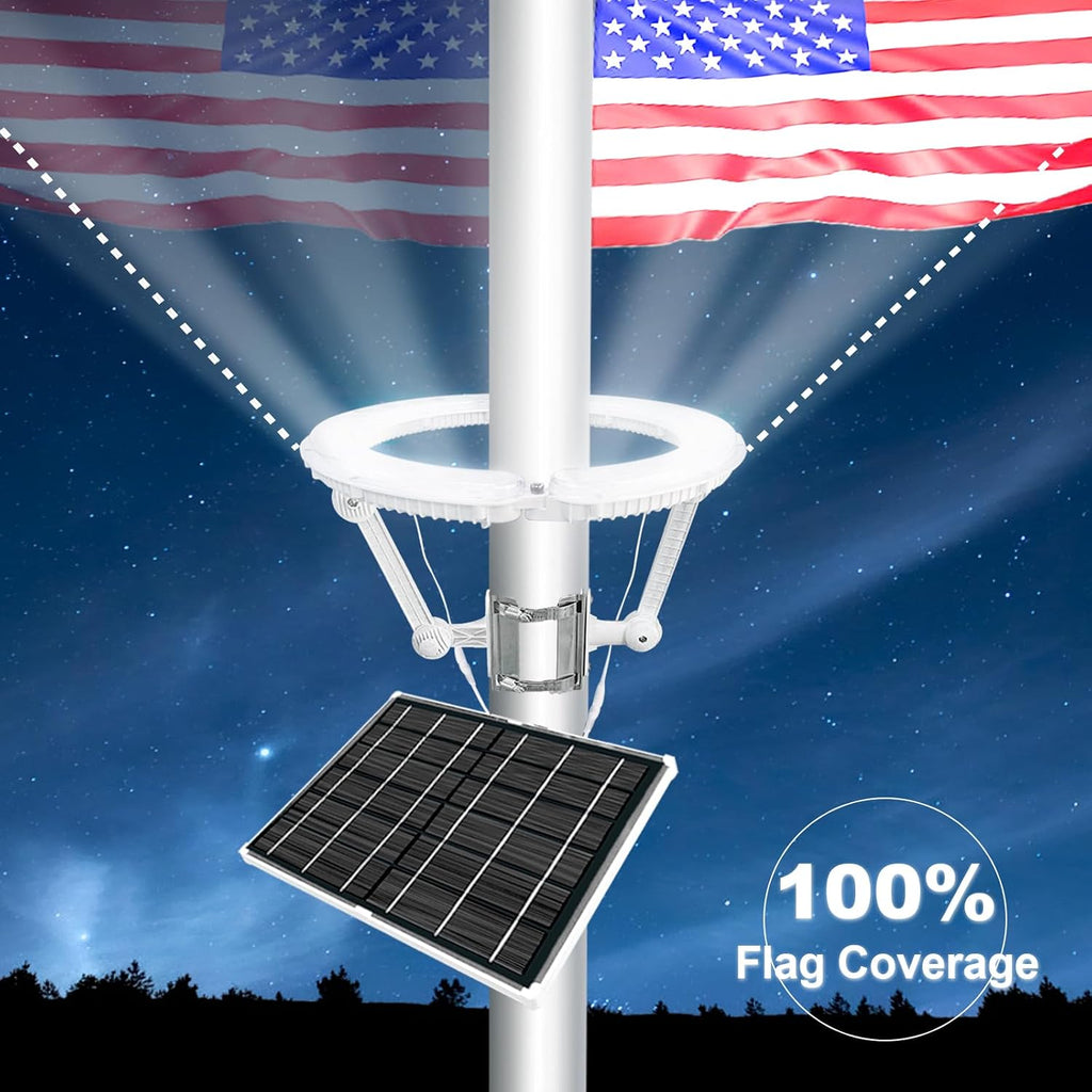 Flagpole Light Solar Powered, 32 Super-Bright LEDs Light Large High-efficient Solar Panel with Adjustable Metal Clamps Fits 2-6'' Flag Poles, for 15 to 25 Ft In-Ground Telescoping Flag Poles