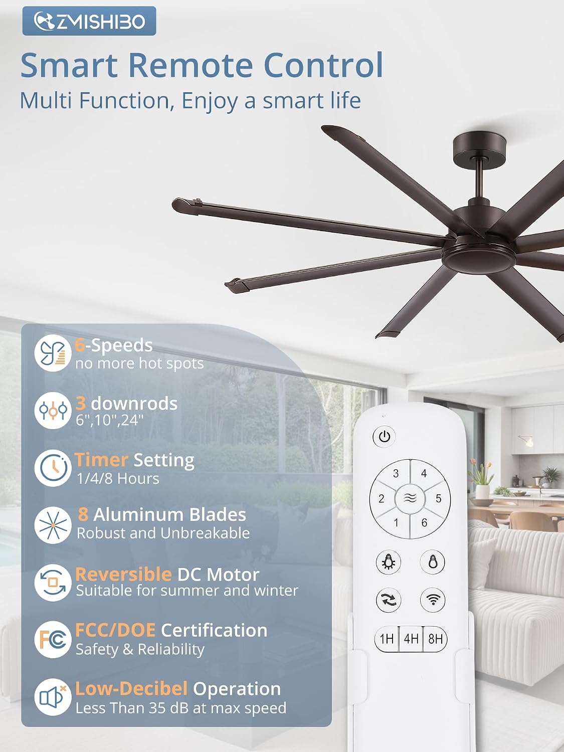 ZMISHIBO 84' Large Industrial Ceiling Fans No light with Aluminum 8 Blades, Commercial Ceiling Fan without Light,Quiet DC Motor, 6 Speeds, Indoor Outdoor Ceiling Fan for Patio,Garage,Shop, Oil Bronze
