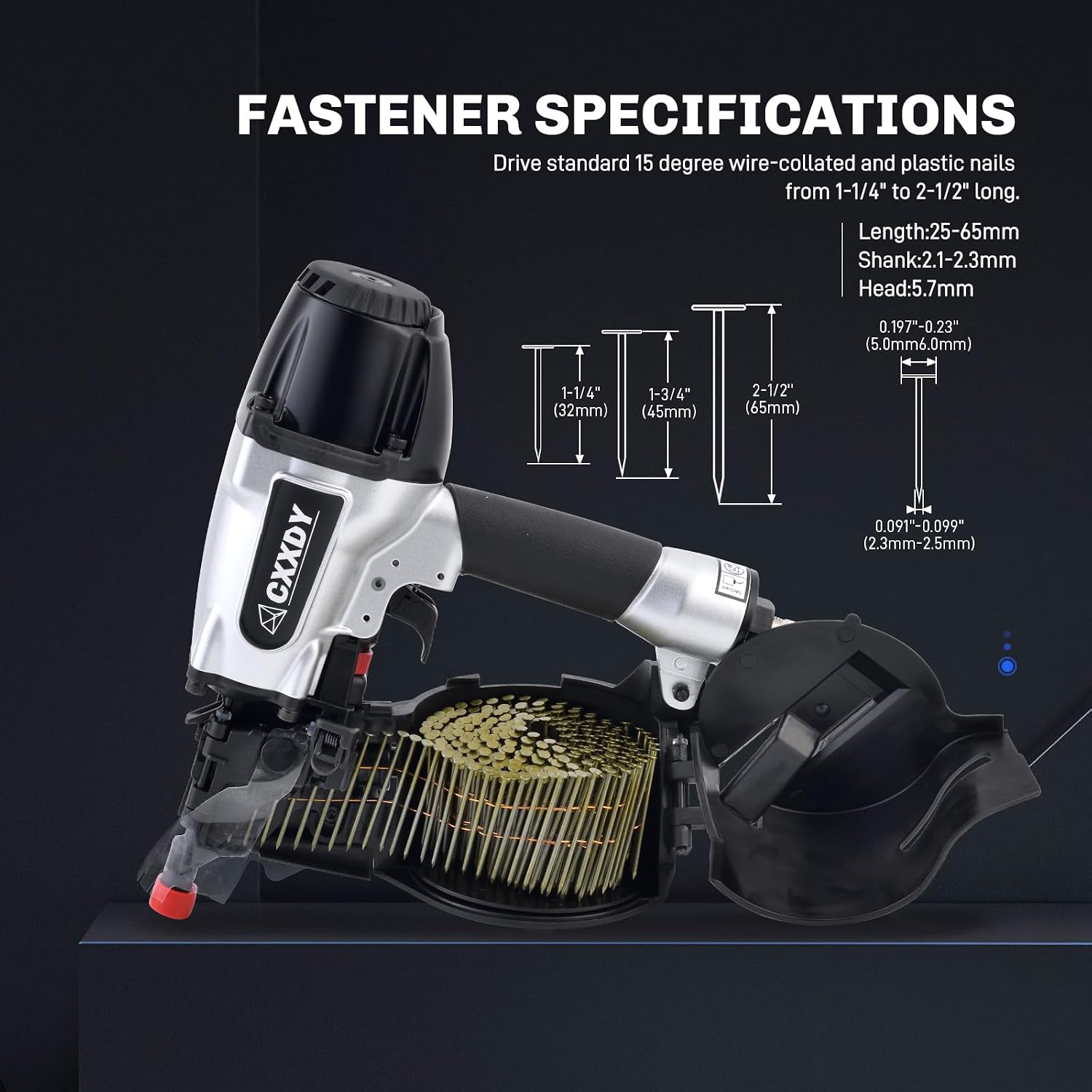 CXXDY Siding Nail gun 15 Degree 1-1/4' to 2-1/2' Coil Siding Nailer – High-Speed Pneumatic Siding Nailer for Siding, Framing, and Fencing – Professional-Grade Performance for Contractors and DIYers